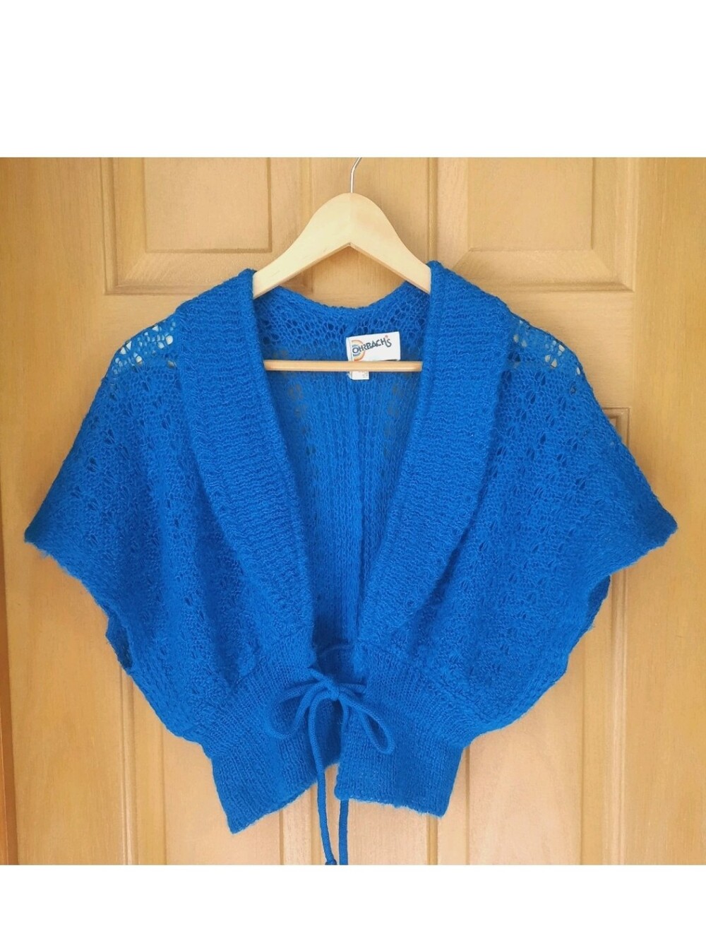 VTG 70s 80s Ohrbach's Cobalt Blue Pointelle Knit Cropped Cardigan Tie-Front